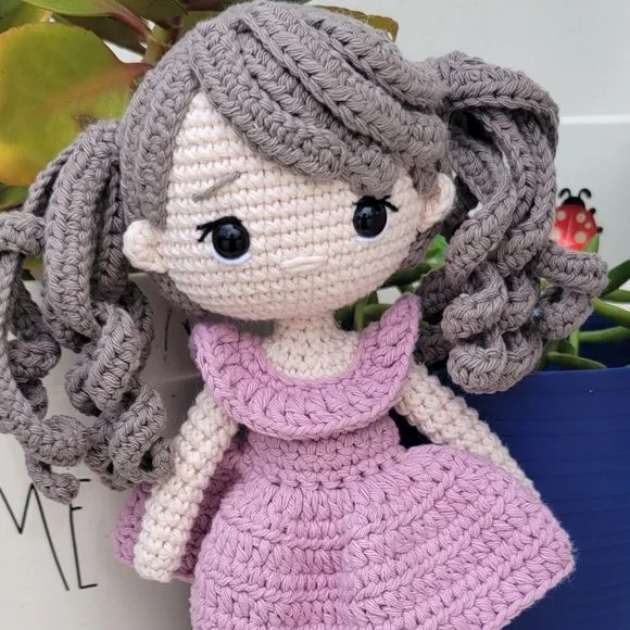 Handmade Crochet Doll with Purple Dress - Picture 3 of 6